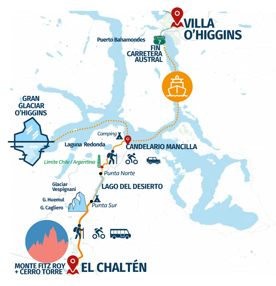 Map of the El Chaltén – Candelario Mancilla – Villa O'Higgins route through the Dos Lagunas border pass